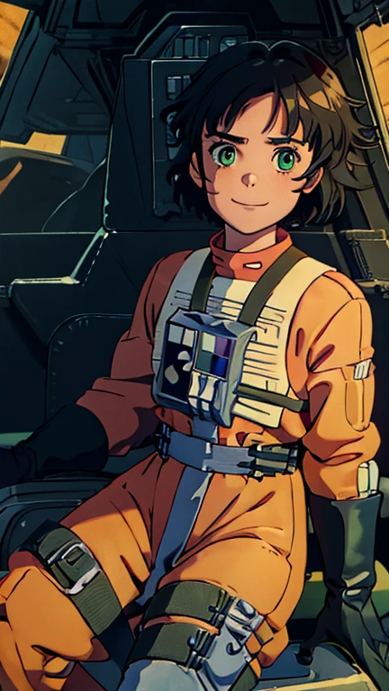 (1girl, solo, highly insanely detailed, masterpiece, top quality, best quality, highres, 4k, 8k, RAW photo),((innocent look)),((Childish)),From the front, symmetrical composition,smile,cute,Innocent,Kind eyes,Flat chest, (ghibli style), cockpit view, (buttercup), (black hair, green eyes, short hair, messy hair), rebel pilot suit,