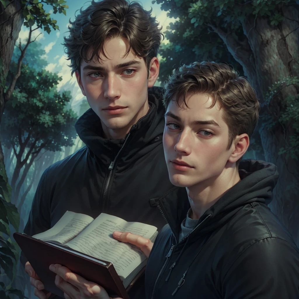 ((best qualityer)), ((work of art)), (detailded), ((face perfect)), ((handsome young artist man in cold weather clothes in a forest)), ((close up of face with book in hands))