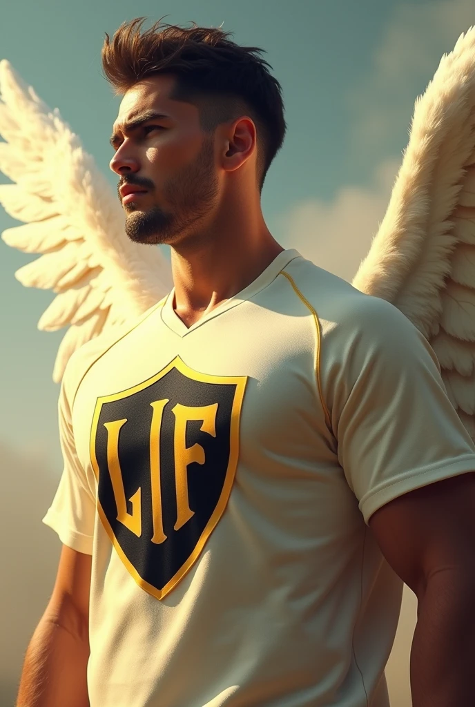 Design a strong male angel with a cream shirt with a logo on the chest in the shape of a shield with a black background with the golden letters LAFC worthy of a cover as well as a professional 3d surrealist vs image looking to the left