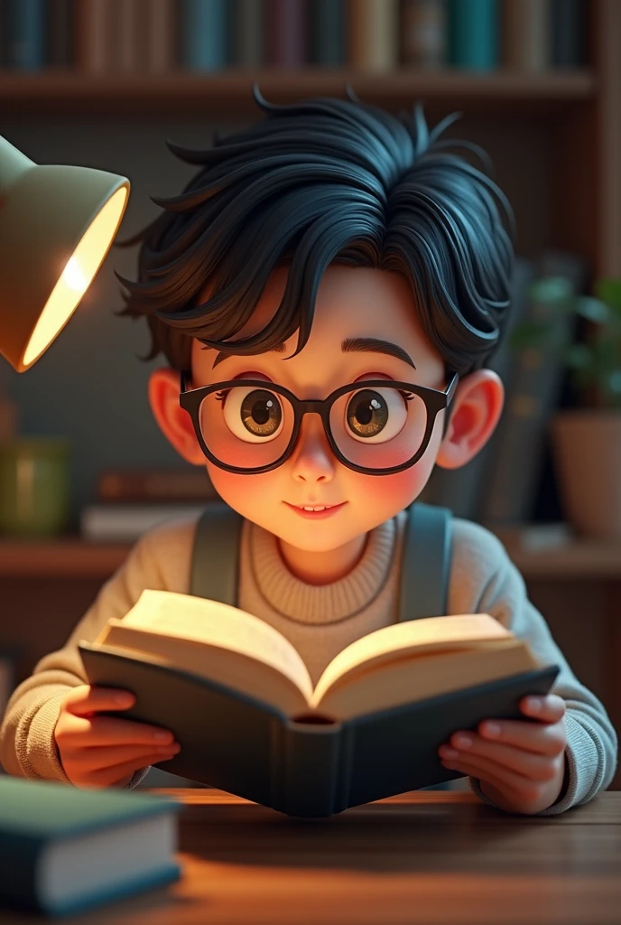 A very cute  wearing glasses is reading a book about public administration 