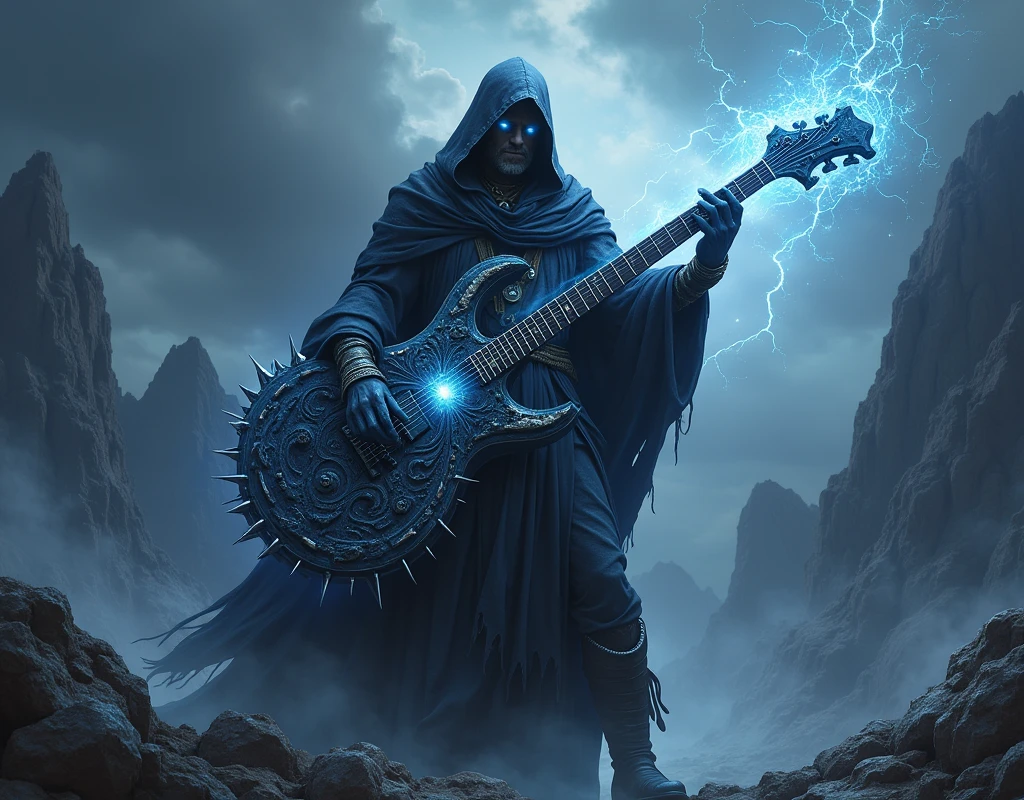 Create a heavy metal wizard with his magically shaped guitar