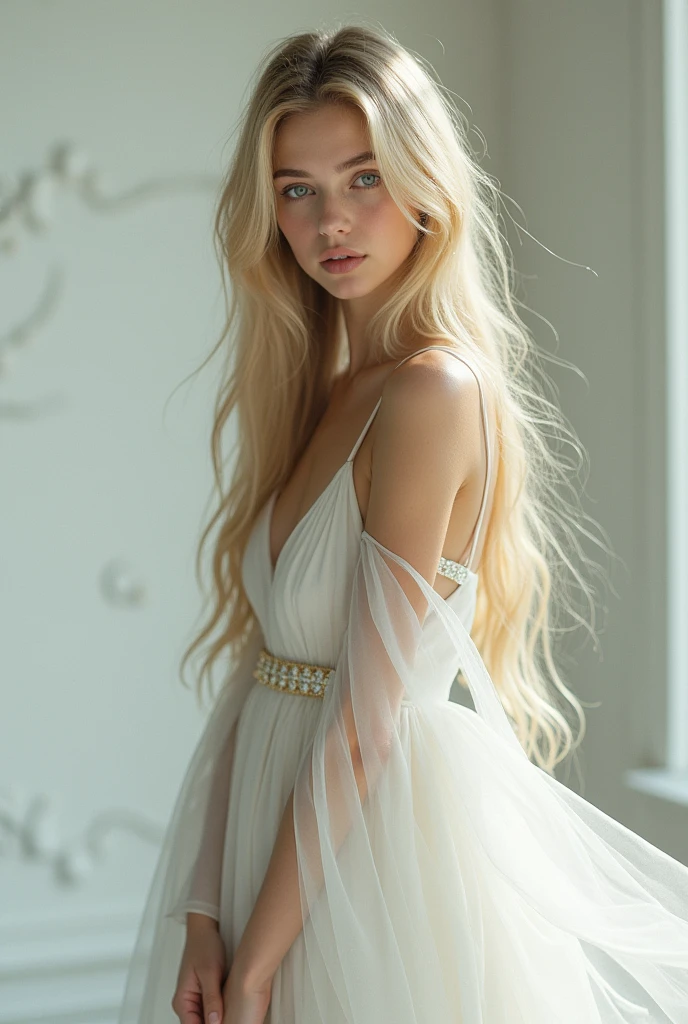 blonde girl with blue eyes, wearing a beautiful white dress 
