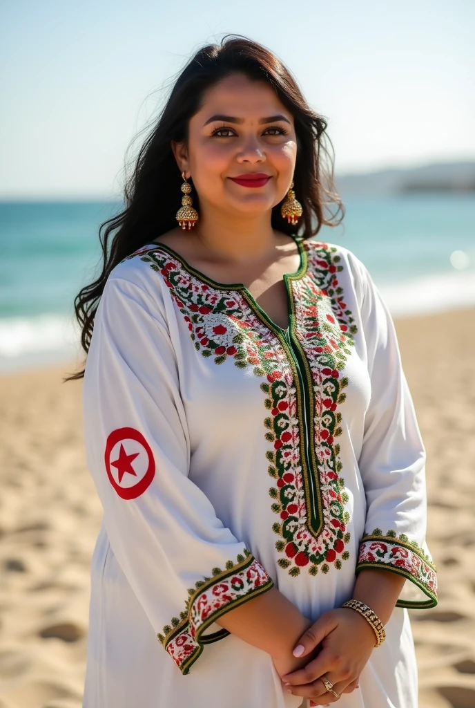 A beautiful, plump woman, wearing a white embroidered abaya and the Algerian flag on her shoulder, looking directly into the camera.. She is standing on a sandy beach. . woman smiles sweetly. She is wearing big gold earrings.. The embroidery of the abaya is intricate and colorful.. The image is warm and inviting, with the woman looking kind and welcoming..