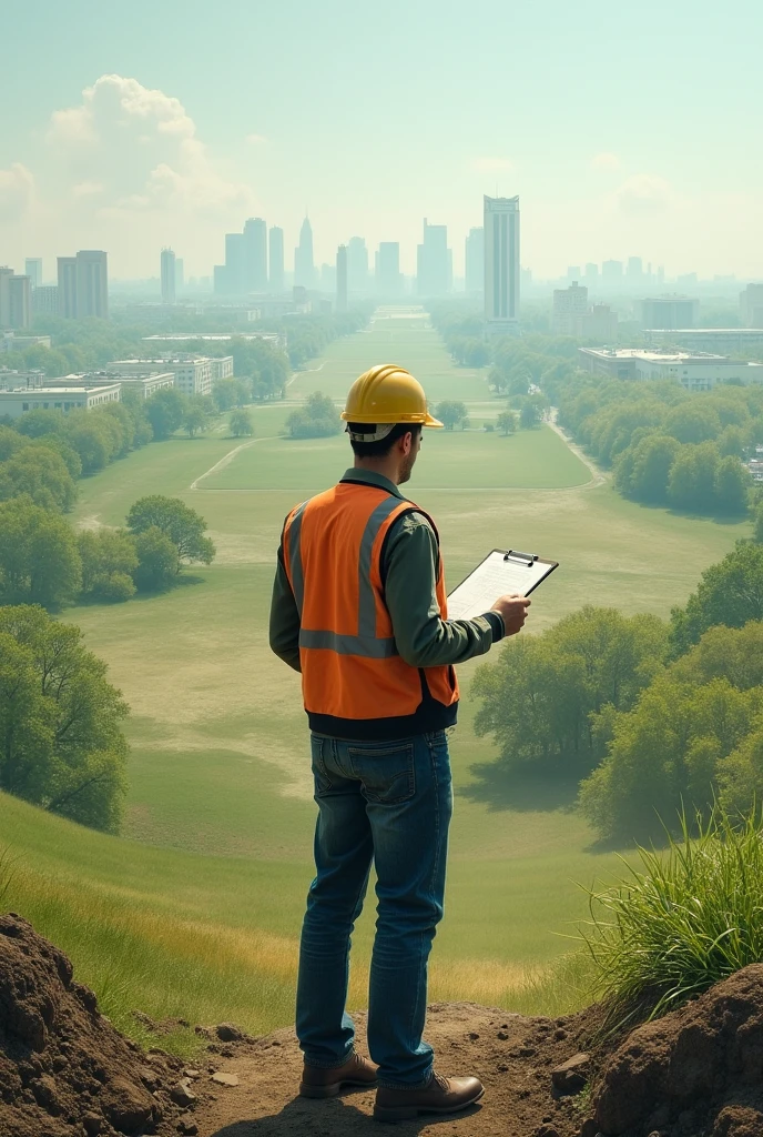 give me a big picture an engineer , in front of a plot of land that will become a park , give me with front view , horizontal

