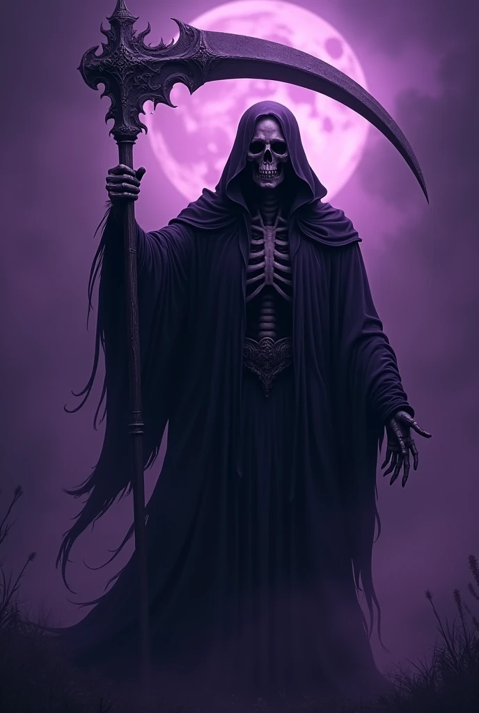 create an image with a purple background with a grim reaper with a scary face holding a scythe create logo