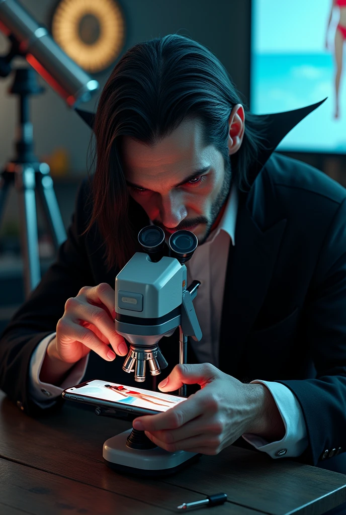 Mobile phone repair center equipped with the latest equipment. Dracula with his red eyes sits on a chair looking into a microscope and repairing an iPhone. The photo is taken from above with the mobile phone holding a picture of a girl in a red swimsuit. The microscope is replaced with a modern model and Dracula's hair is lengthened with his fangs visible. In his hand is a screwdriver. The microscope has two lenses and a digital screen on the wall. The photo is a little further away with the telescope visible. Changing the hairstyle.