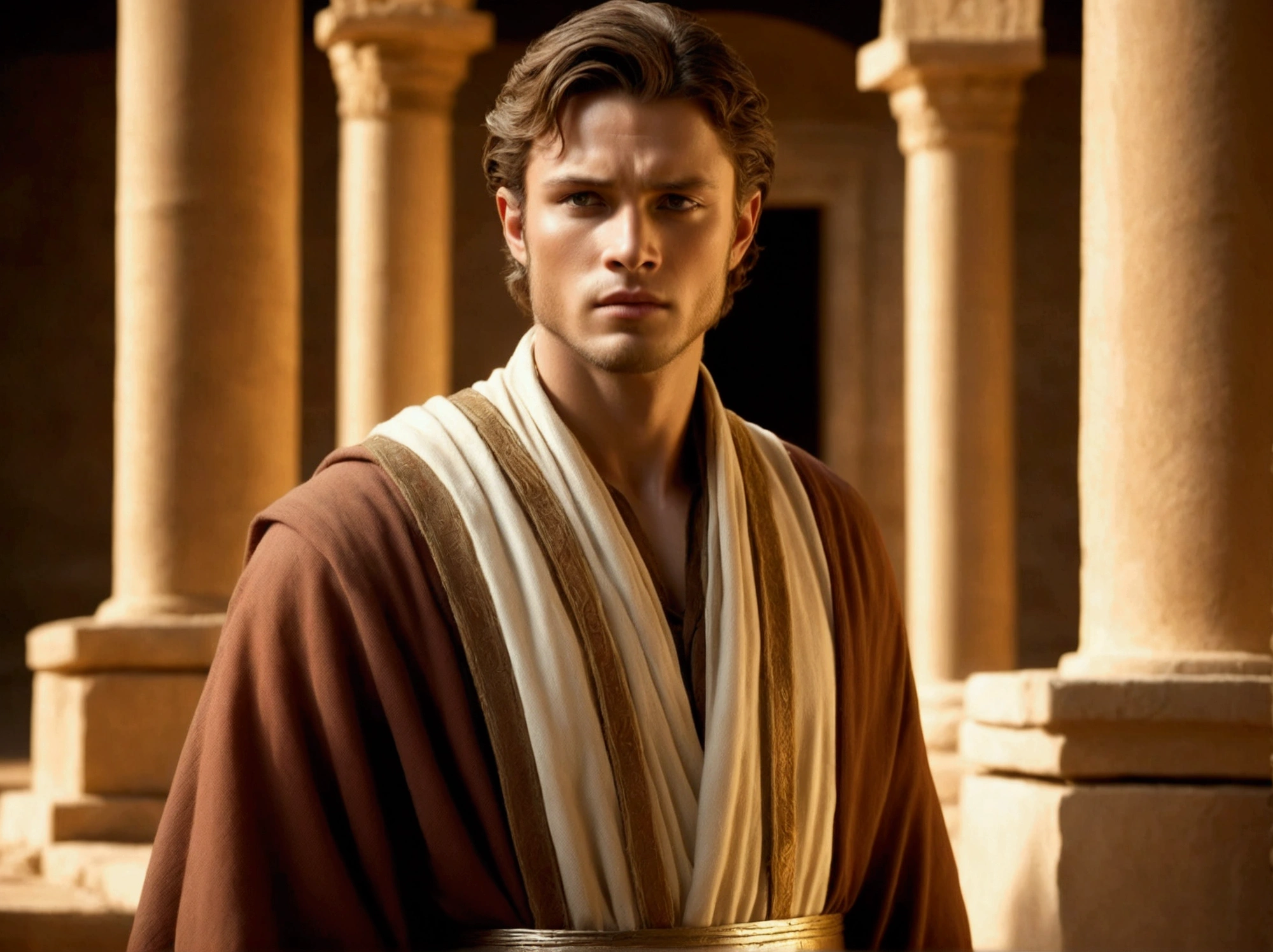 (illustrative depiction of Daniel), biblical era attire, detailed facial features, expressive gaze, rich fabrics, ancient architecture in the background, warm earth tones, dramatic lighting casting shadows, evocative atmosphere capturing the essence of faith and resilience, HD, compelling composition exactly portraying the spirit and struggles of Daniel.