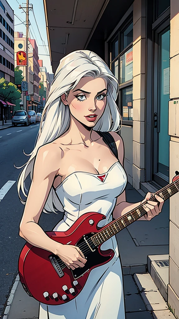 comic book style woman, very beautiful, white hair, Body cute, on the street with guitar.