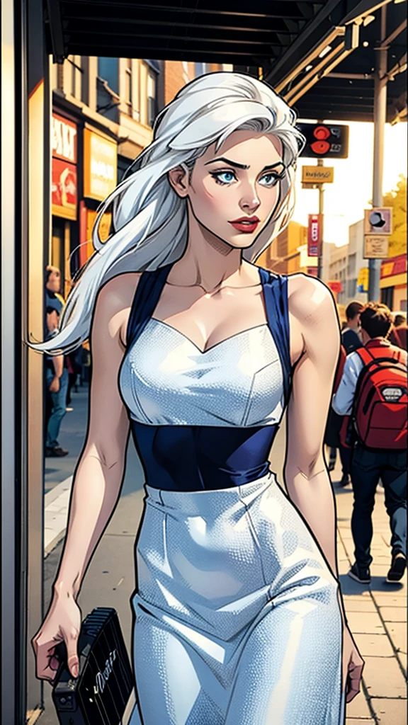 comic book style woman, very beautiful, white hair, Body cute, on the street with guitar.