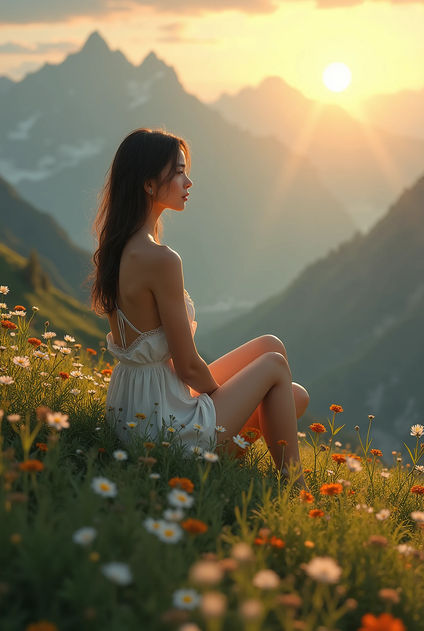 a beautiful young woman relaxing on a hilltop at sunset, detailed face and expression, golden hour lighting, lush green meadow, mountains in the background, serene nature atmosphere, detailed landscape, photorealistic, intricate details, vibrant colors, dynamic composition, dramatic lighting sexo masculino