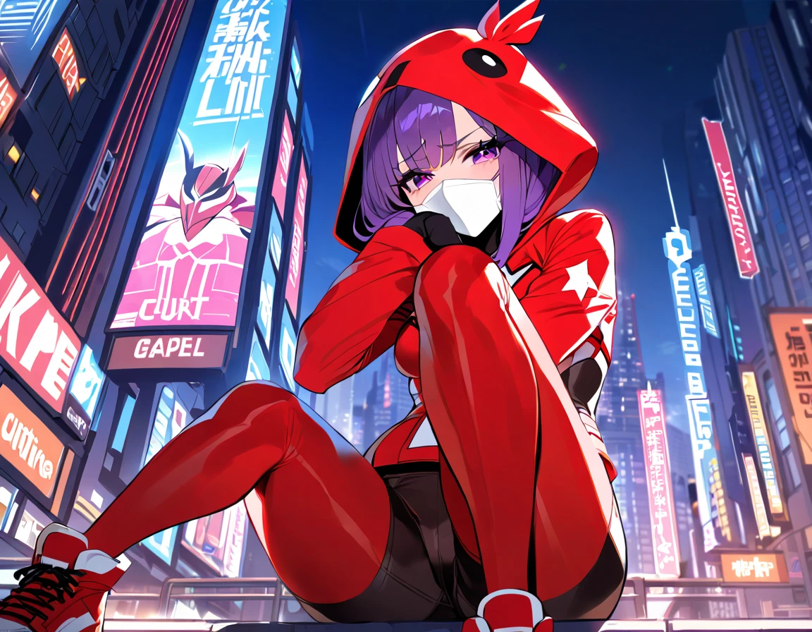 One, superhero, beautiful girl, girl in light red suit, suit with opened thighs, red sneakers, shy, insecure girl, purple eyes, short purple hair, hood, bird costume, Bodysuit, gadgets, young, facial, facing the camera, city background, city lights, weak, beautiful pose, cutie, shorts, transparent mask, mask that hides the mouth and nose