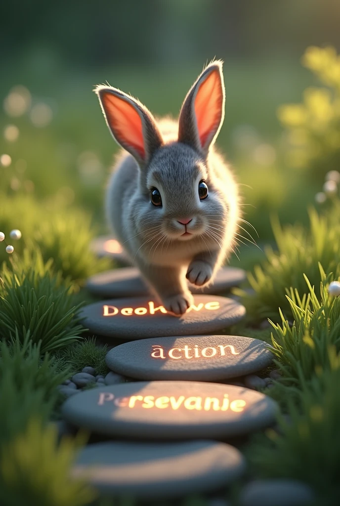Create an image where a bunny walks on 5 glowing stones with these words written on the stones. Creative thinking, Idea, Action,perseverance, problem solved. In a green grass