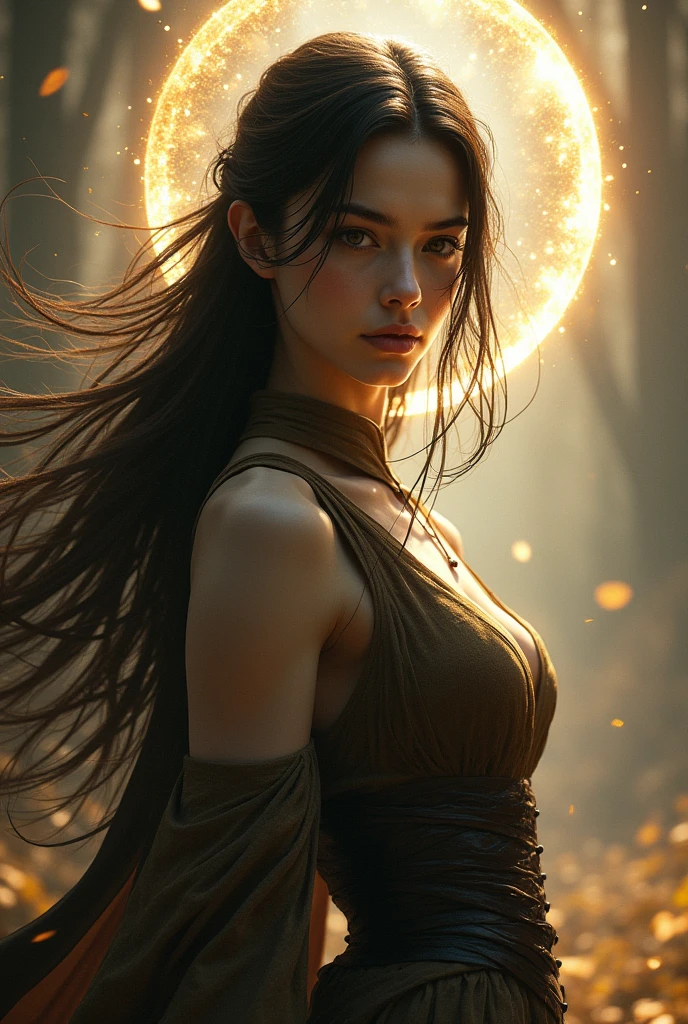 Being feminine with transparent halos, warrior, Bella, with the face of some non-existent magical being, black hair and brown tones in clothing