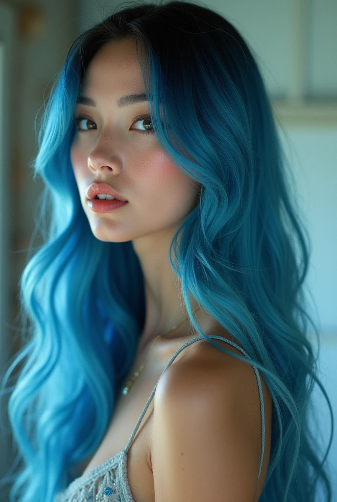 An attractive size 2 woman with long blue gradient hair , a kodachrome film
