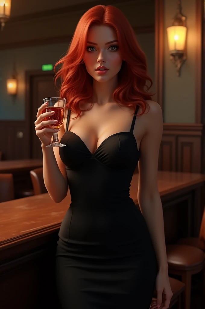  A woman in a black dress holding a drink. She has red hair. The scene is set in a bar.