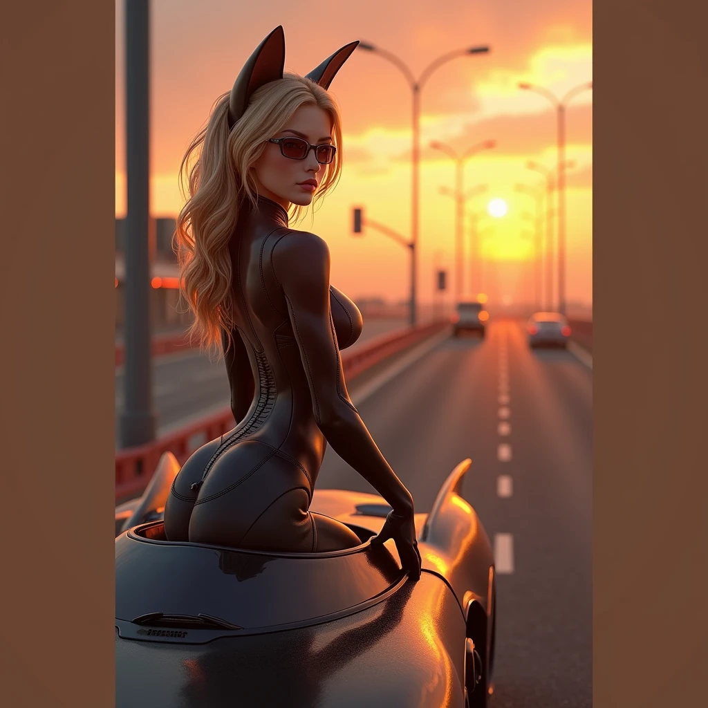 A stunning, hyper-realistic digital art of Felicia Black_Cat in и black Batmobile ,(masterpiece, Best Quality, High resolution, 32K HDR)), (Perfect portrait of trinity00:1.15), (black body suit:1.1, realistic Trinity sunglasses:1.1), Ultra detailed eyes, hyper derailed face, Detailed mouth, Detailed skin texture, (Atmospheric lighting), Shot with Aricum LT camera, ( on the highway:1.1, Huge breasts:1.15),