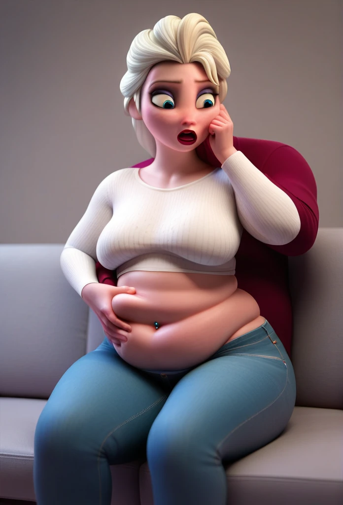 (( 3D, a slim and short Man,a Man pinching elsa's cheeks,A Man pinching and  touching Elsa's Belly )) ,Tall ,slim faced Surprised Elsa,literally gained a plump belly,Trying to wear jeans but they don't fit because she gained put on weight,fullbodyimage,Raised Eyebrows, Plump body,The button on the jeans does not close because of her belly,navel piercing, Pudgy Belly,sit on the couch,Red Lips,jeans button popping,triangle body shaped,