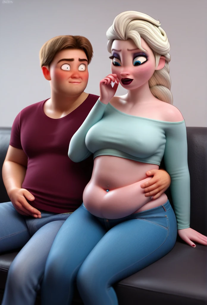 (( 3D, a slim and short Man,a Man pinching elsa's cheeks,A Man pinching and  touching Elsa's Belly )) ,Tall ,slim faced Surprised Elsa,literally gained a plump belly,Trying to wear jeans but they don't fit because she gained put on weight,fullbodyimage,Raised Eyebrows, Plump body,The button on the jeans does not close because of her belly,navel piercing, Pudgy Belly,sit on the couch,Red Lips,jeans button popping,triangle body shaped,