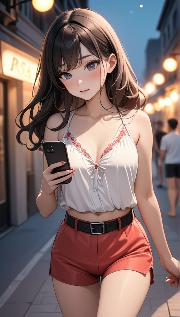 beautiful woman, street lights at night, Playing with smartphones, red shorts, black belt, negro, rosa, summer, be hot, passersby, Night gradient, fine details, barefoot, Subtle tones, There is a sense of tranquility in the image.. bokeh, 