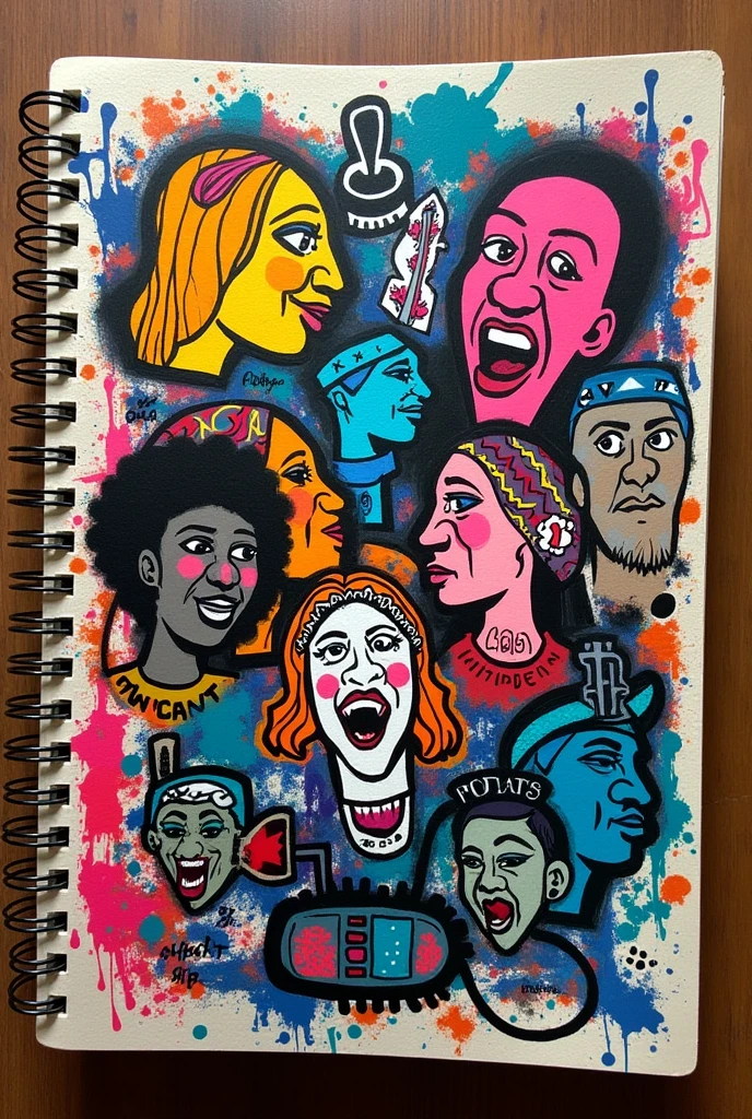 Make an art that involves several graffiti-style drawings on the cover of a notebook