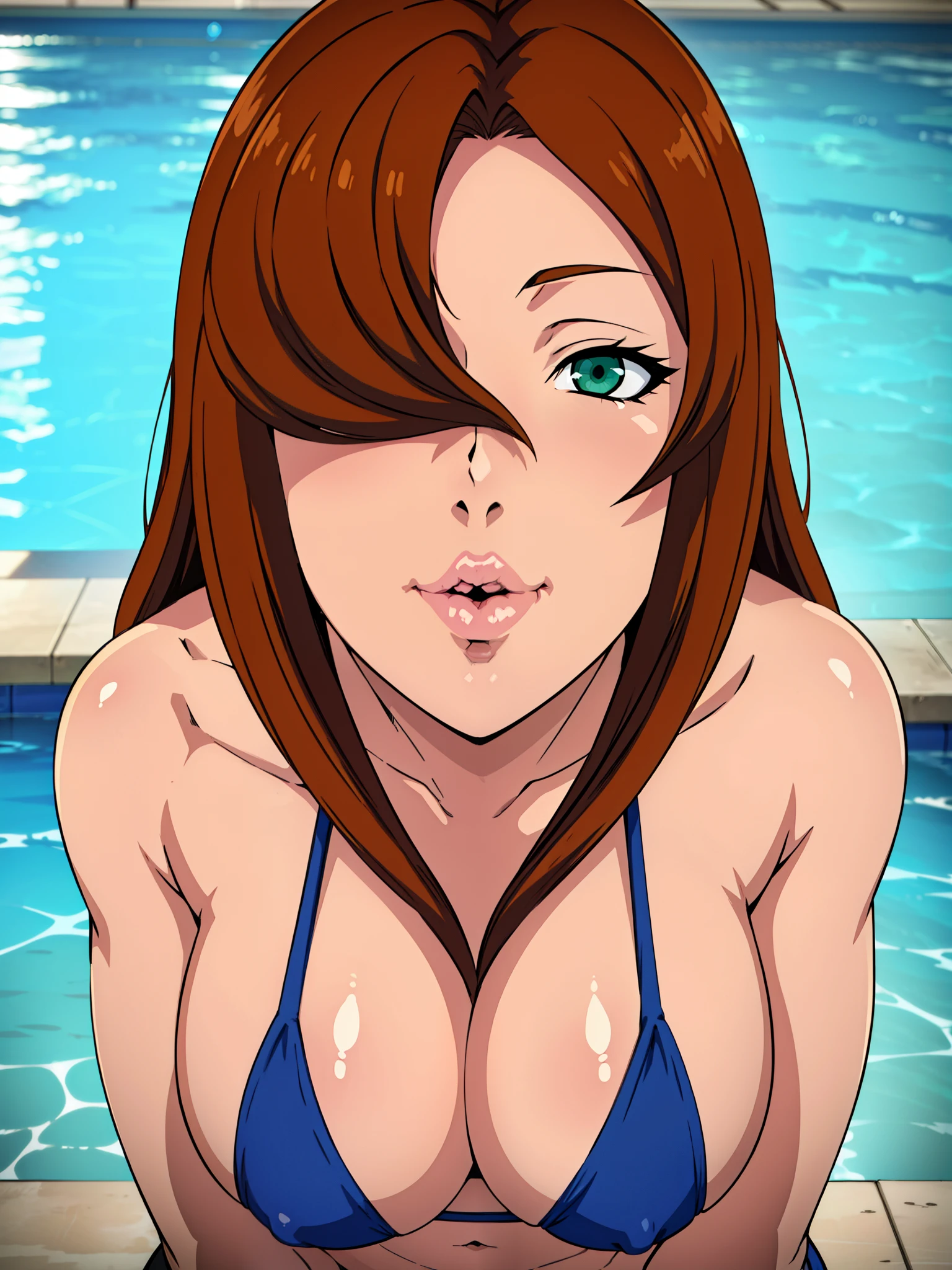 (POV Kiss | Peck | Thick Lips : 1.3), blue bikini, swimming pool back home background, Mei Terumi, anime cels style, best quality, high resolution, 1girl, (large breasts:1.2), beautiful face, long hair, brown hair, green eyes, ((hair over one eye)), lipstick, cowboy shot, huge breasts, light smile