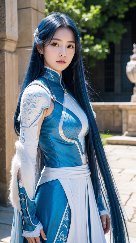 A female warrior with long blue hair, about 、Wearing white patterned armor。
The background with a small baby dragon nearby、Castle courtyard high resolution, masterpiece, accurate, Anatomically correct, Winner of numerous awards, 最高quality, Damaged, detail, 高いdetail, High-resolution model, quality, 高quality, Retina, Ultra high definition, Textured skin,