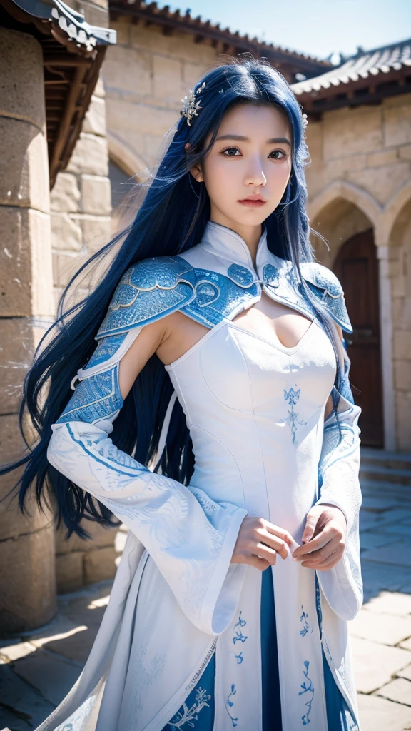 A female warrior with long blue hair, about 、Wearing white patterned armor。
The background with a small baby dragon nearby、Castle courtyard high resolution, masterpiece, accurate, Anatomically correct, Winner of numerous awards, 最高quality, Damaged, detail, 高いdetail, High-resolution model, quality, 高quality, Retina, Ultra high definition, Textured skin, 