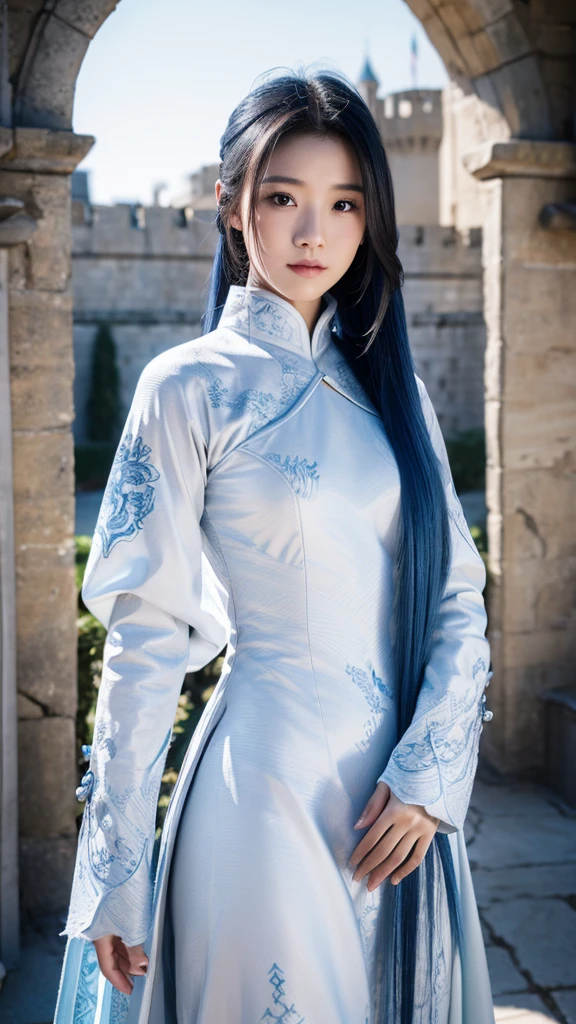 A female warrior with long blue hair, about 、Wearing white patterned armor。
The background with a small baby dragon nearby、Castle courtyard high resolution, masterpiece, accurate, Anatomically correct, Winner of numerous awards, 最高quality, Damaged, detail, 高いdetail, High-resolution model, quality, 高quality, Retina, Ultra high definition, Textured skin,