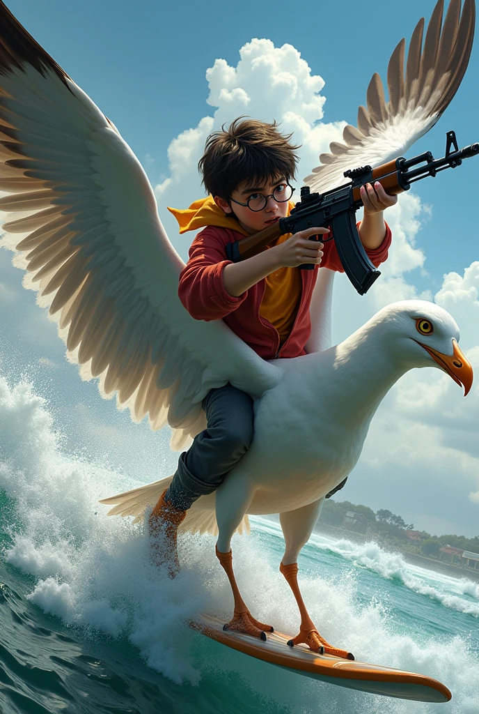Harry potter surfing on a seagull firing an Ak-47 at a hover cat
