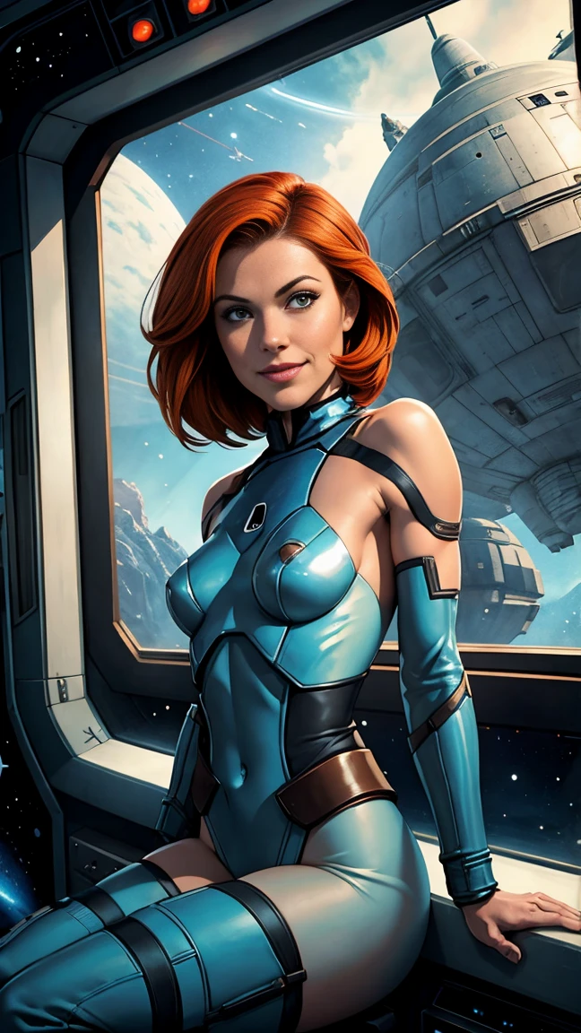 Bo Katan from Star Wars, short straight ginger hair, naked, partially nude, Mandalorian Armor, small perky breasts, Sexy pose, sitting against the window with legs spread, pubic hair, clitoris, labia lips, smile, space ship cockpit, star destroyer, planet through window