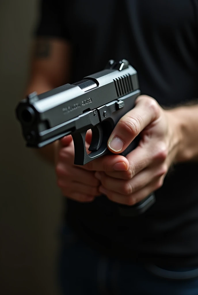 Low ready handgun position, person holding pistol at 45 degrees downward, both hands, side angle