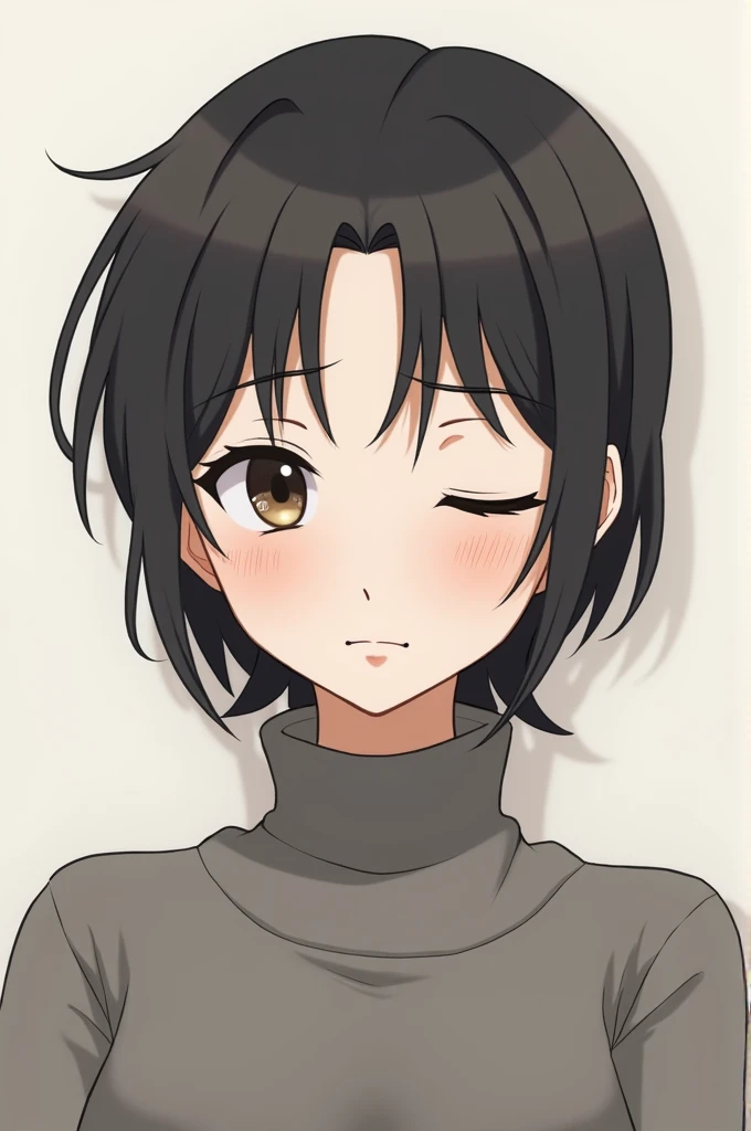 Hair a little long to the eyebrows, sleepy eyes, inverted triangle face with a turtleneck shirt and in the form of an anime