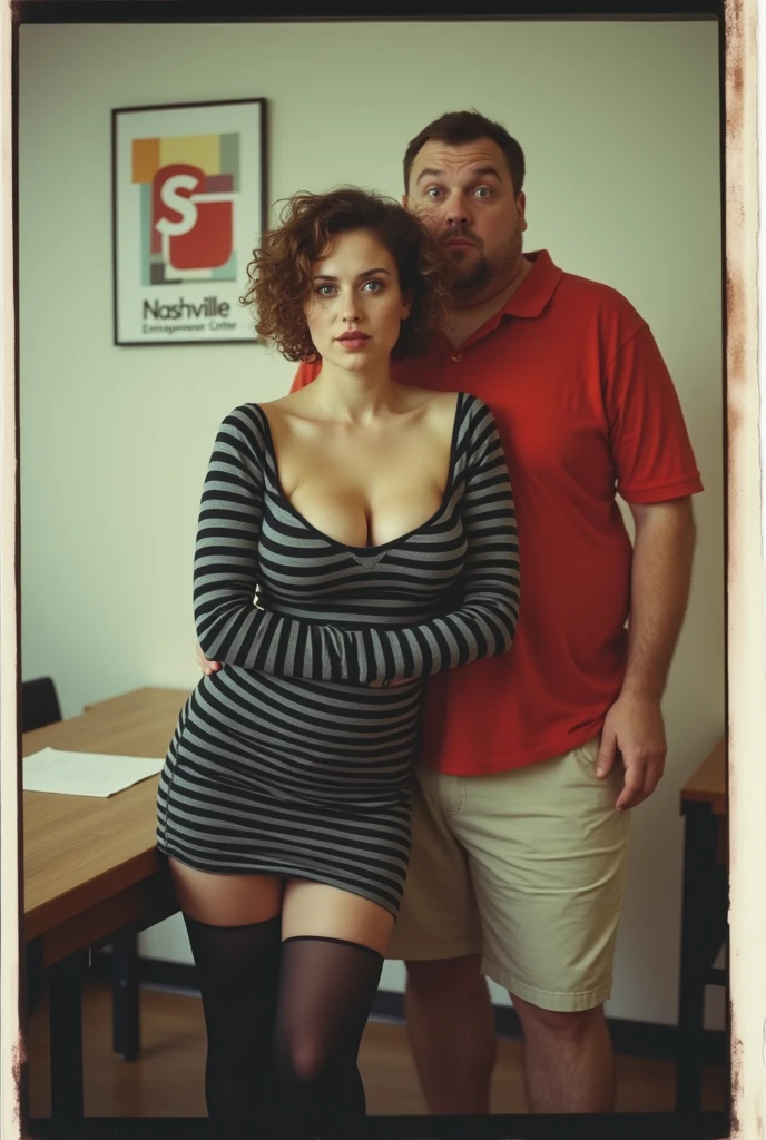 photo taken with a 1980s disposable camera, a 35-year old short curly hair, chubby german woman, pale skin, slighty overweight, gorgeous body, with very medium breasts, wide hips, groped, pronounced clavicles, plump ass, with short curly brown hair, blue eyes , plump juicy wet lips, high defined cheekbones, soft elegant jawline, she's wearing a tight cotton very short sexy dress that goes down mid-thigh with broad thick horizontal black and gray stripes and long sleeves, cleavage. Her very shortdress is hiked up to the top of her thigh, messily, so you can see her entire stockings. She has on dark black sheer stocking under her minidress and very long legs. A sign with the logo for "Nashville Entrepreneur Center" is on the wall. She is standing, bent over a table, facing the camera, look at some paperwork. Very important that she is standing and bent over. A fat, round-faced jewish man, aged 30, not tall, medium size, with shaven brown hair, wearing a red polo shirt and beige shorts, stands behind her, touching her breast, touching her ass, take her from behind, doggystyle, as she is bent over the table. She is looking directly at the camera with a surprised but satisfied look on her face as the fat white man stands directly behind her bent over the table.. Important that she’s bent over, she has sagging breasts, wide hips, plump ass. No large breasts. Very bright and harsh camera flash, like a paparazzi flash, as if they were caught having an affair. bad lighting, candid boring blurry low quality analog polaroid photo. ultra-detailed photorealism. they both have surprised expressions on their faces.