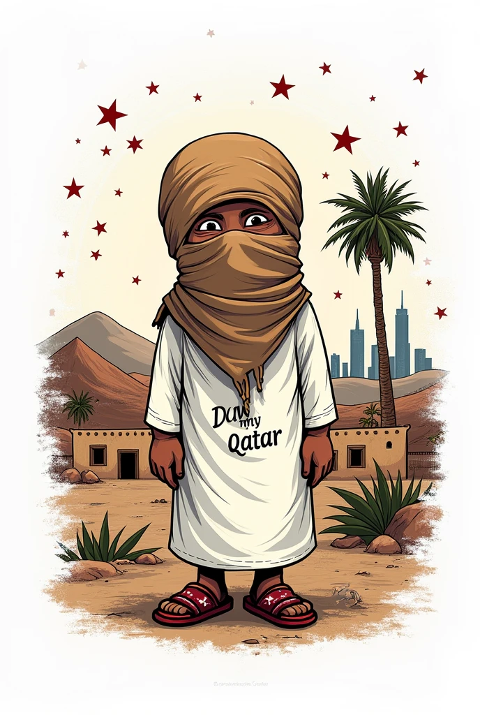 Abstract graffiti style drawing of the logo "I Love My Country". The logo is a cartoon image of a Qatari boy with his head completely covered with a burlap sack and wearing a traditional i white dress at the bottom and a zanuba on his feet and behind him are traditional mud houses, with mountains, a palm tree and the capital Doha with buildings in the background. The background is in vibrant white. The graffiti style includes elements such as stars, desert and swirls. The logo also has the text "Qatar" in the middle of the image