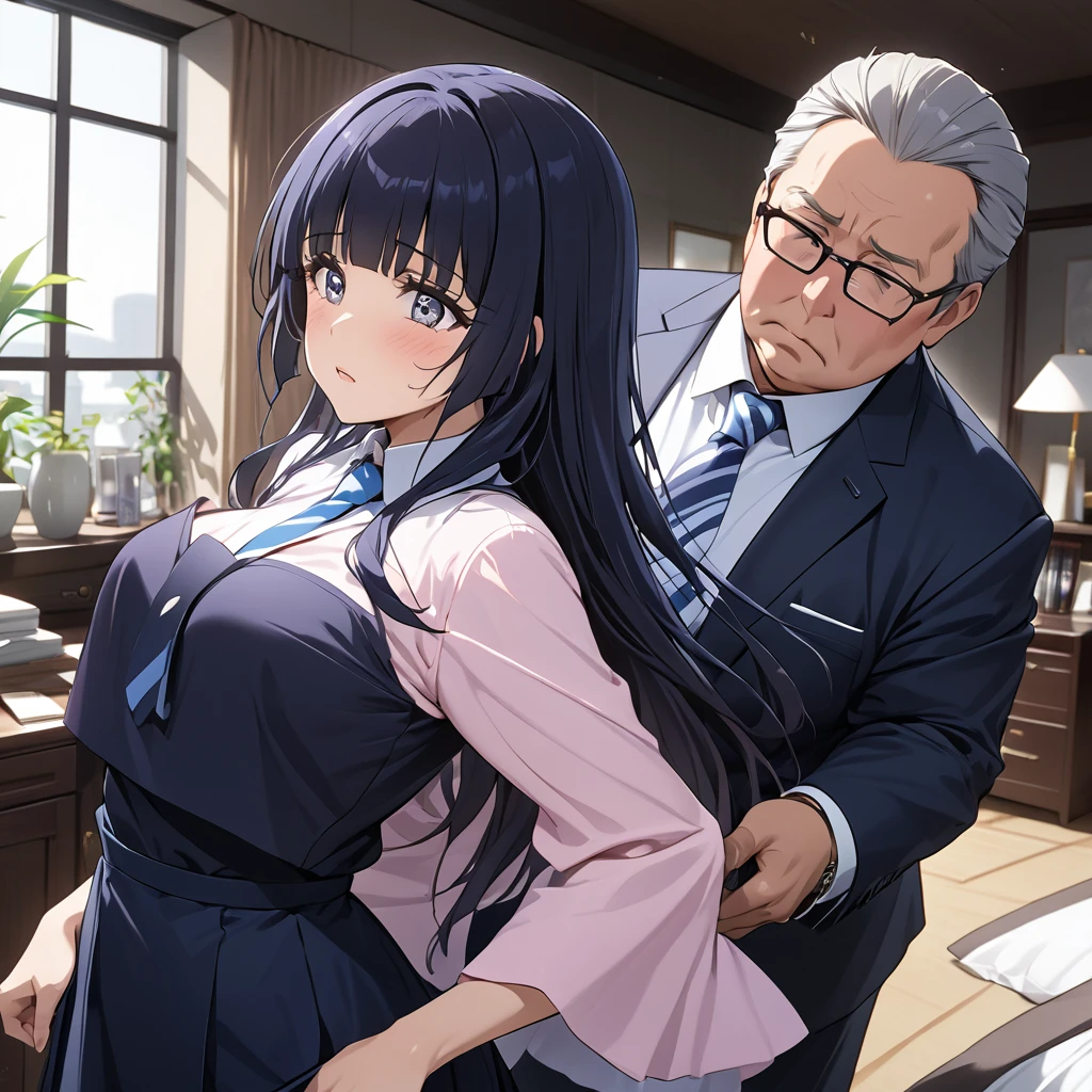 ((Highest quality)), ((masterpiece)), (detailed), (Perfect Face)、The woman is Reika Aoki with semi-long hair、The woman is being taken advantage of by a fat, middle-aged, unscrupulous businessman.