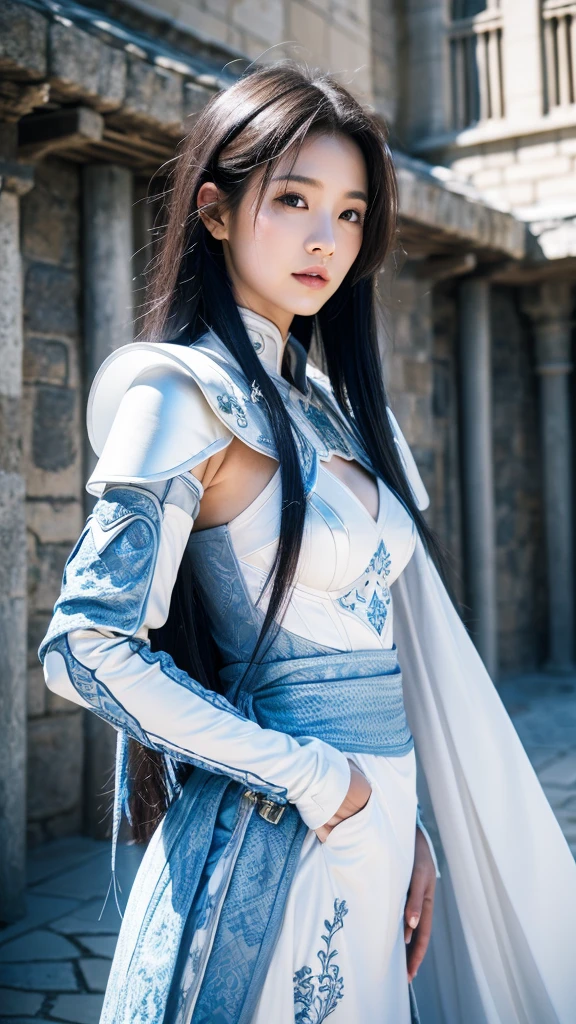 A female warrior with long blue hair, about 、Wearing white patterned armor。
The background with a small baby dragon nearby、Castle courtyard high resolution, masterpiece, accurate, Anatomically correct, Winner of numerous awards, 最高quality, Damaged, detail, 高いdetail, High-resolution model, quality, 高quality, Retina, Ultra high definition, Textured skin,