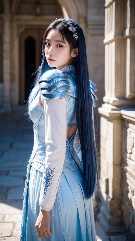 A female warrior with long blue hair, about 、Wearing white patterned armor。
The background with a small baby dragon nearby、Castle courtyard high resolution, masterpiece, accurate, Anatomically correct, Winner of numerous awards, 最高quality, Damaged, detail, 高いdetail, High-resolution model, quality, 高quality, Retina, Ultra high definition, Textured skin,