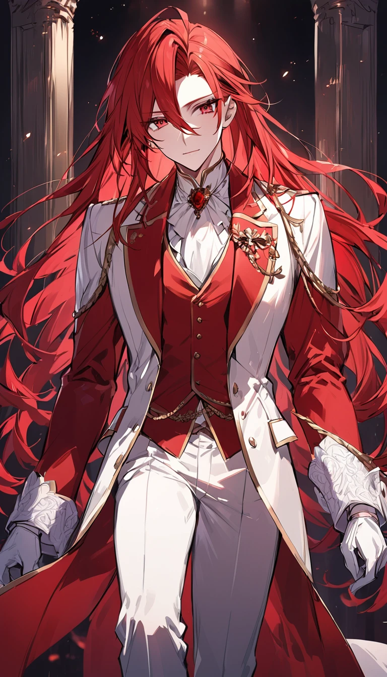 alone, good looking, 1 male, Long hair, red hair, red eyes, noble suit, Front Facing, Vtuber Front Facing Camera, royal uniform suit