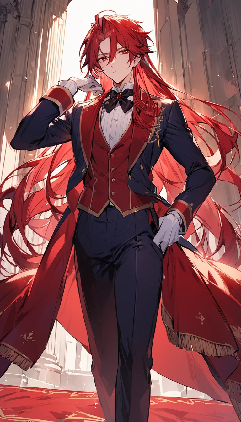 alone, good looking, 1 male, Long hair, red hair, red eyes, noble suit, Front Facing, Vtuber Front Facing Camera, royal uniform suit