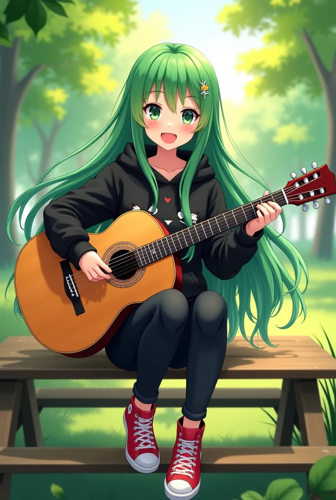 Anime girl with green and long hair, holding an acoustic guitar, smiling, black hoodie with a cat print on the chest, black jeans, red converse shoes, sitting on a picnic table in the park