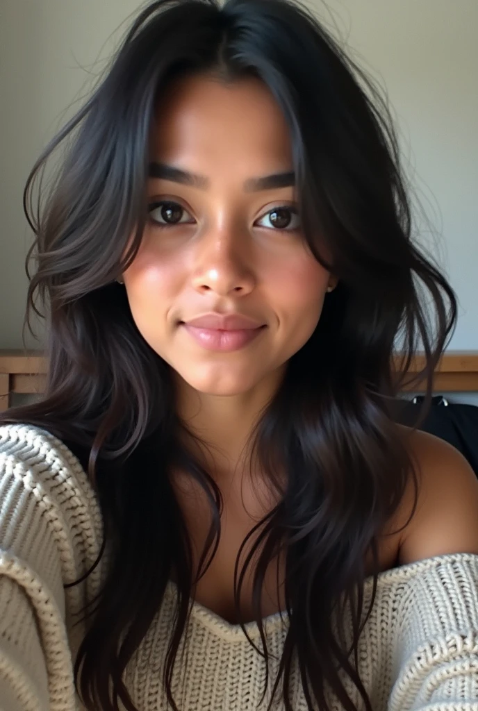 girl, peruvian, with a long sweater that shows your shoulders, hair dyed brown and its black roots are noticeable, that looks like a photo taken by herself with low quality. Que sea de nacionalidad peruvian. Don't let it look like artificial intelligence, selfie mode photo and it is not so pretty and looks natural