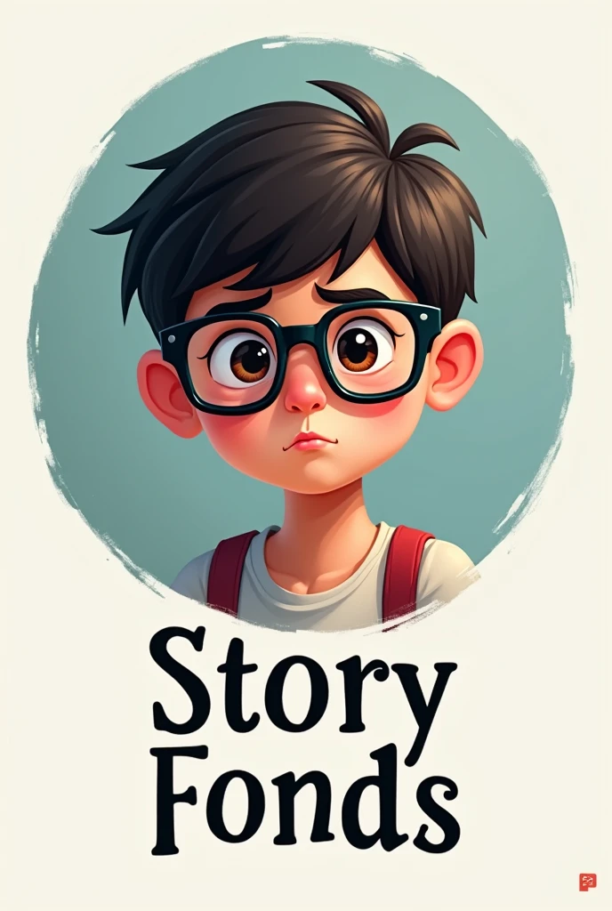 STORY FONDS youtube channel logo with kid wearing  black glasses in which eyes arent visible