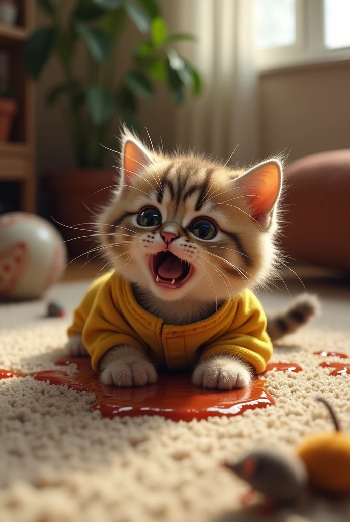 Create a photorealistic image of A small kitten crying and vomiting wearing yellow jeans outfit lying on the floor, vomiting, The background shows a cozy living room with scattered toys.