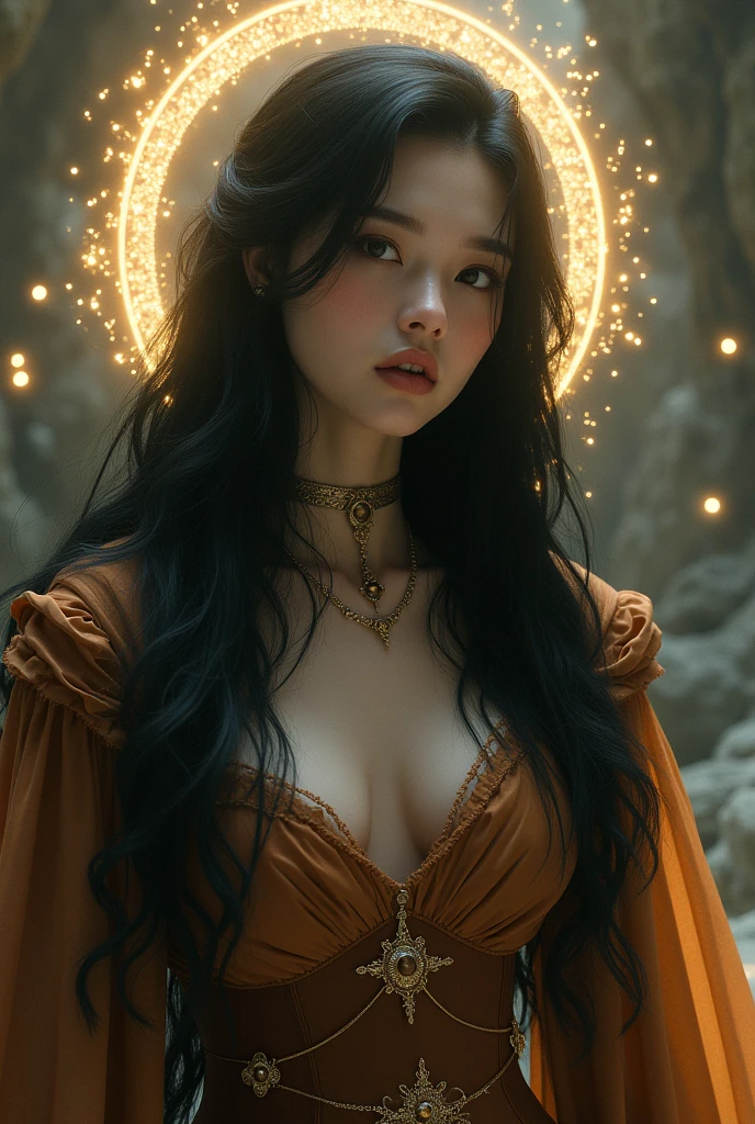 Be fantastic with transparent halas, Bella, with the face of some non-existent magical being, black hair and brown tones in clothing