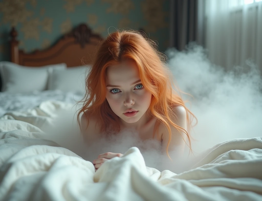 (young Kristina Pimenova ginger hair teen girl, blue eyes:1.6), (no panties:1.8), (naked, nude:1.5), (Without clothes, no bra:1.9),(long, messy hair, hair floating in the wind:1.6), blue eyes, detailed eyes, detailed lips, (lies nude, sensual, full body:1.5), (photo from different angles:1.5), (lies on creepy and scary gothic bed, fog:1.6), low neck, ray tracing, (best quality, 4k, 8k, high resolution, masterpiece:1.2), very detailed, (realistic , photorealistic, photorealistic :1.37), HDR, UHD, masterpiece, professional, vivid colors, bokeh, studio lighting
