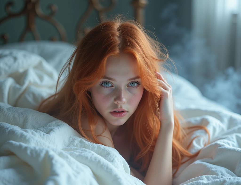 (young Kristina Pimenova ginger hair girl, blue eyes:1.6), (no pant), (naked, nude, (Withclothes, no bra:1.9),(long, messy hair, hair floating in the wind:1.6), blue eyes, detailed eyes, detailed lips, (lies nude, sensual, full :1.5), (photo from different angles:1.5), (lies on creepy and scary gothic bed, fog:1.6), low neck, ray tracing, (best quality, 4k, 8k, high resolution, masterpiece:1.2), very detailed, (realistic , photorealistic, photorealistic :1.37), HDR, UHD, masterpiece, professional, vivid colors, bokeh, studio lighting