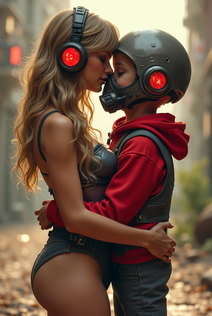 Taylor Swift, realistic, big breasts, full body & Youg boy with red hoodie, headphones, Star-lord helmet, rocket boots, gas helmet, covered mouth, round red, eyes, front cover, hugging, Covered face, love.