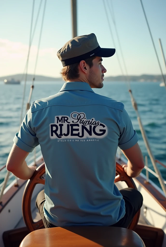 Please make a photo of a young man riding or steering a modern ship complete with a sailor's hat and a shirt that says Mr. RIJENG's on the back of his shirt.