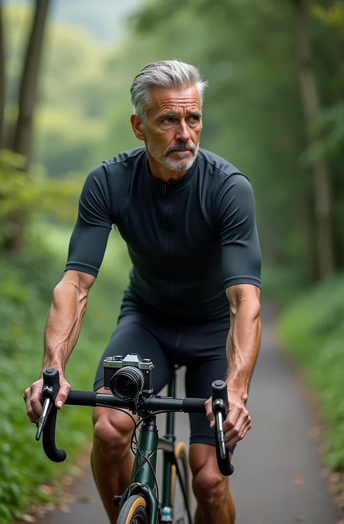 40-year-old man who likes cycling, taking pictures of nature and gray hair