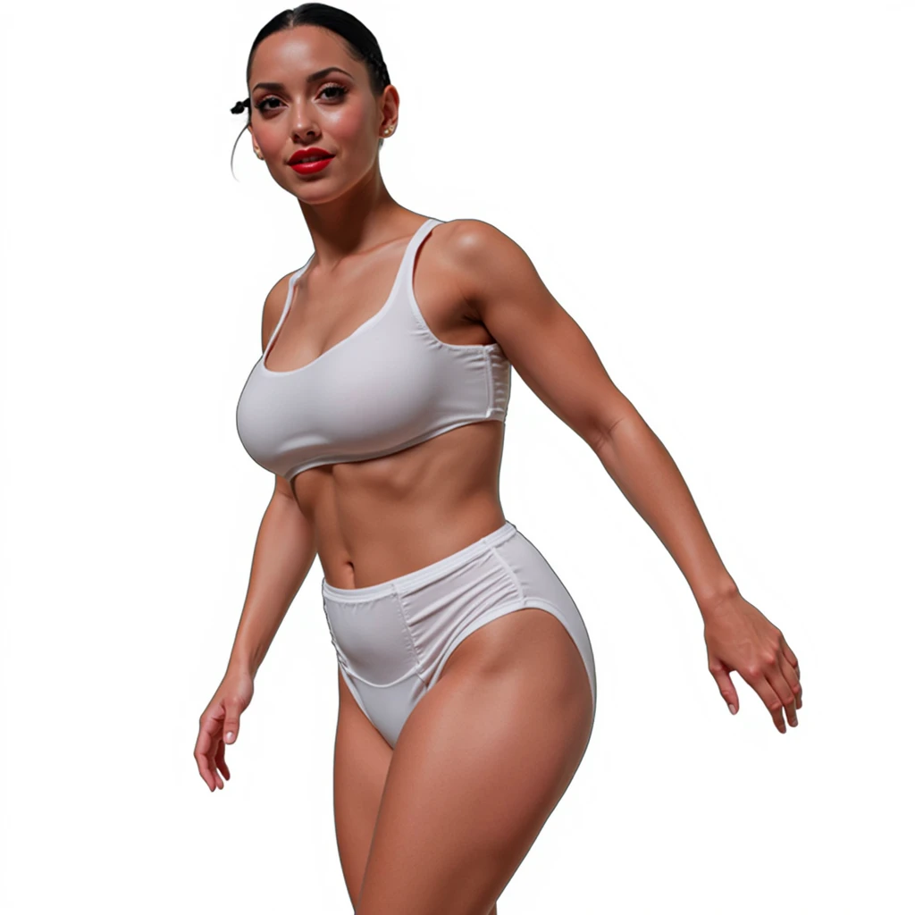 (masterpiece, best quality)), ((((perfect anatomy)))), Brazilian woman with tied back black braids, dark eye-shadow, dark red lipstick, dark brown eyes, white bra , (((white high cut cotton panties))), smiling, big hips, walking around in a locker-room, (((photo realistic))), ((80's film, 80's movie scene, 80's TV Style))